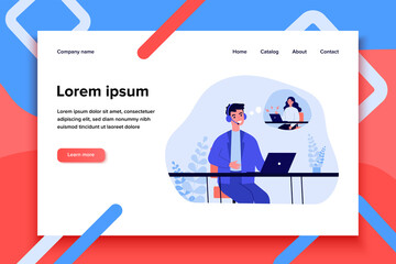 Poster - Support operator talking to unhappy client. Man in headset, upset woman with laptop in though bubble flat vector illustration. Customer service concept for banner, website design or landing web page