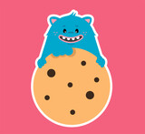 Fototapeta Dinusie - isolated vector illustration for bakery and candy shop, mascot cookie monster, logo