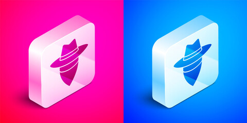 Poster - Isometric Cowboy icon isolated on pink and blue background. Silver square button. Vector.