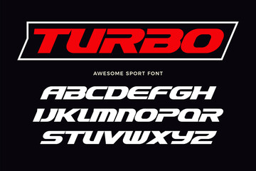Poster - Turbo font. Heavy italic letters, modern type for sport logo, speed race headline, dynamic monogram, lettering and typography. Bold wide style letters, vector typographic design