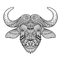 African buffalo. Patterned head bull, bison. Style zentangle. Monochrome tribal ornament painted by hand. Series ethnic animal. African, indian design. May be used for design of a t-shirt. Logo. Icon.