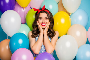 Poster - Charming pretty girl enjoy event party celebration touch hands face feel grateful wear red lipstick dotted blue headband dress singlet tank-top on air balls baloons background