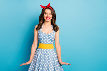 Sticker - Portrait of candid lovely pretty girl enjoy summer free time holiday wear good look headband skirt isolated over blue color background