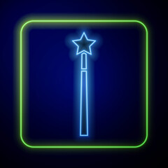 Wall Mural - Glowing neon Magic wand icon isolated on blue background. Star shape magic accessory. Magical power. Vector.