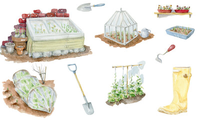 Hand drawn watercolor illustration, European-style garden, farm gardering, seedlings to plant, country geenhouse, rubber boots and garden tools clipart. Garden set isolated on a white background.