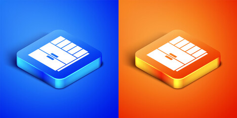 Isometric Wardrobe icon isolated on blue and orange background. Square button. Vector.