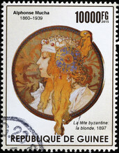 Illustration Of Woman By Mucha On Postage Stamp Of Guinea