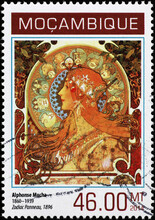 Illustration Of Zodiac By Alfonse Mucha On Postage Stamp