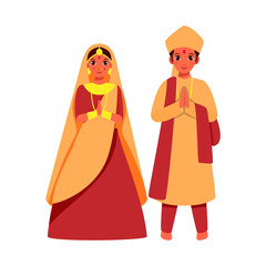 Sticker - Vector Illustration Of Indian Wedding Couple Doing Namaste On White Background.