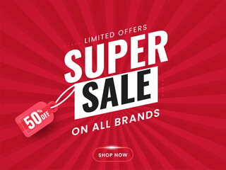Wall Mural - super sale poster or banner design with 50% discount tag on red rays background.