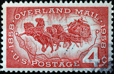 Wall Mural - Celebration of Overland mail on old american stamp