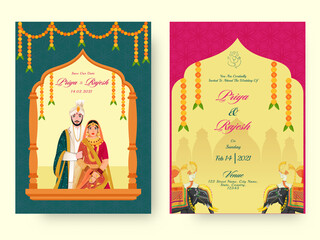 Wall Mural - Front And Back View Of Wedding Invitation Card Design With Indian Couple Character In Traditional Attire.