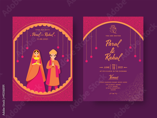 Wedding Invitation Card Design With Indian Couple Character In Pink And Purple Color. © Abdul Qaiyoom