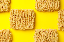 Flat Lay With Instant Noodles On Yellow Background