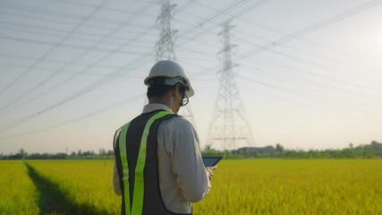 electrical engineer worker in helmet working near tower with electricity. business energy technology