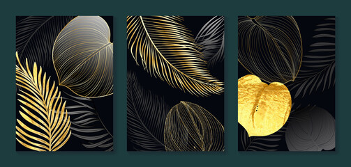 Luxury gold wallpaper.  Black and golden background. Tropical leaves wall art design with dark blue and green color, shiny golden light texture. Modern art mural wallpaper. Vector illustration.