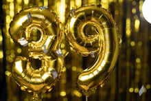 The Golden Number 39 Thirty Nine Is Made From An Inflatable Balloon On A Yellow Background. One Of The Complete Set Of Numbers. Birthday, Anniversary, Date Concept