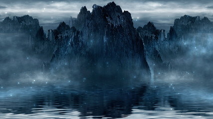 Wall Mural - night fantasy futuristic landscape with abstract mountains and island on the water, moonlight. dark 
