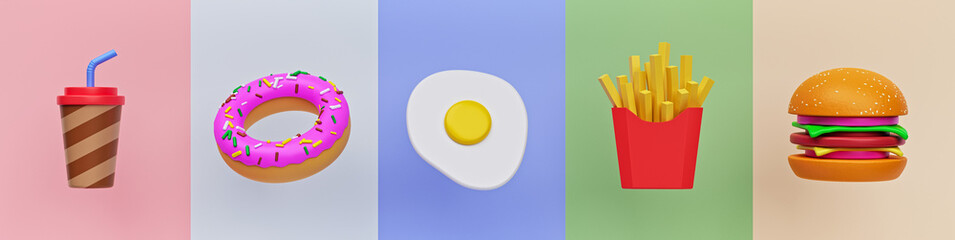 Poster - cartoon style fast food icons set. minimal banner. 3d rendering