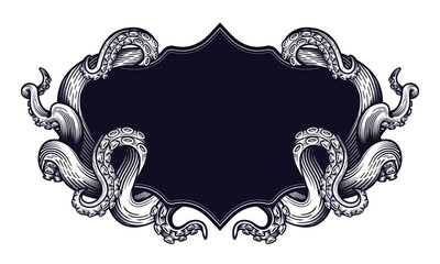 Tentacles of an octopus label frame design. Hand drawn vector illustration in engraving technique isolated on white.  