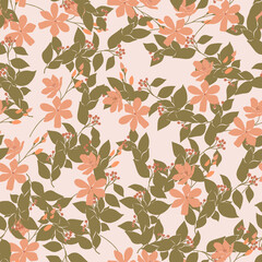 Wall Mural - Seamless pattern with pastel color flowers and branches with berries and green leaves