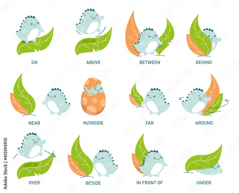Cute Dinosaur And Leaves Learning Preposition Vector Isolated