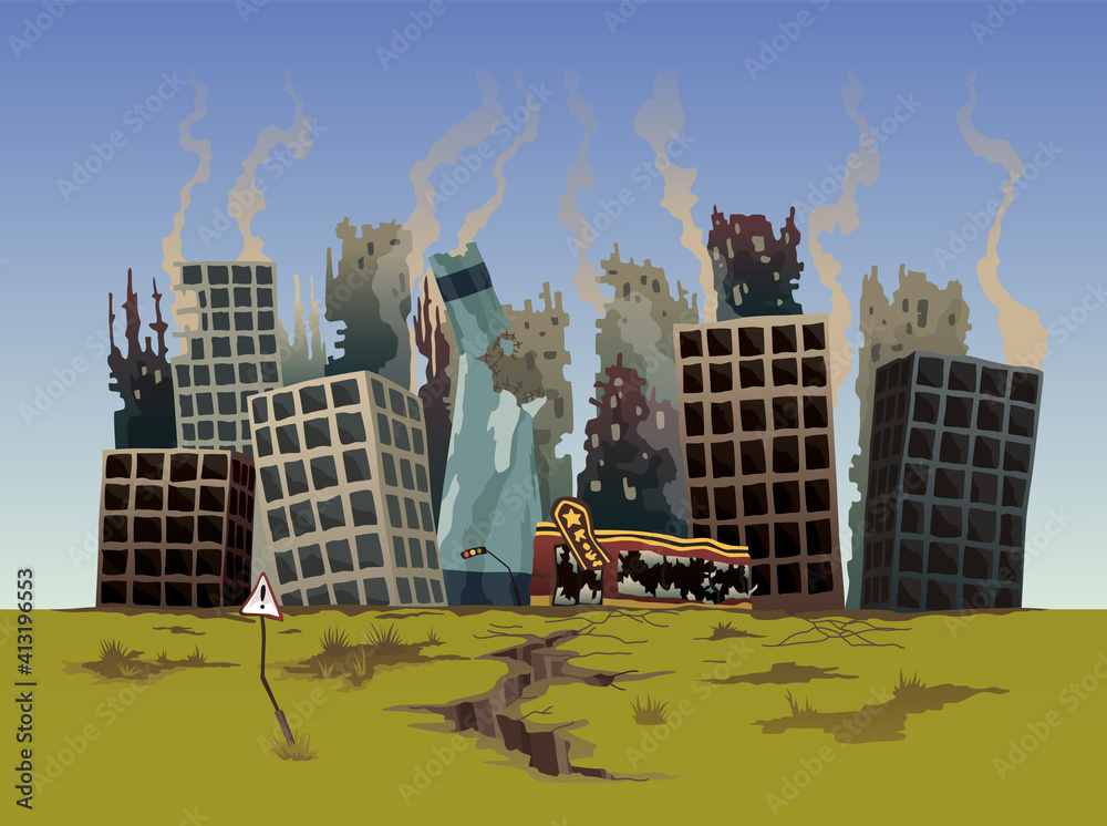 Destroyed city. Street of the city, destroyed by natural disaster ...