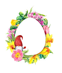 Wall Mural - Easter egg with gnome, spring flowers - tulip, hyacinth, crocus. Floral watercolor frame egg shape