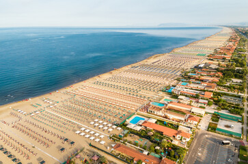 Aerial view of the Marina di Pietrasanta beach in the early morning, Tuscany, Italy.