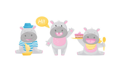 Wall Mural - funny hippopotamus eating cake and greeting waving paw vector set