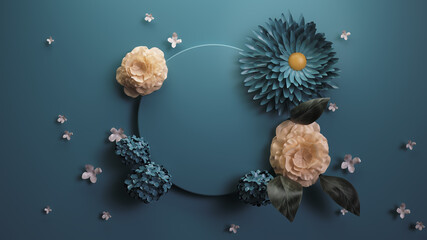 Poster - Blue beautiful composition of small podium surrounded with flowers. Romantic background template. 3D render.