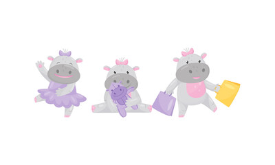 Wall Mural - funny girl hippopotamus wearing bow on her head dancing and playing with doll vector set