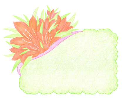Watercolor Greeting Card with orange lily flowers and green leaves for the holidays