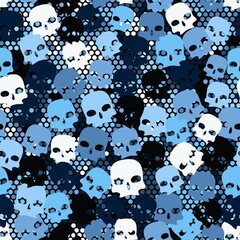 Canvas Print - Camouflage with sky blue scull silhouettes seamless pattern background