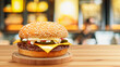 Delicious Cheese Beef Burger consists of Bun Bread Patty Pickle Onion Mayonaisse Ketchup Cheddar Cheese and lettuce in a yellow background with interactive 3D text for Modern Fast Food Restaurant