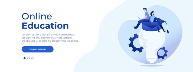 Online education concept. Vector layout for website page. Illustration in flat isometric style with people studying remotely. Front page layout for your design. Flat isometric vector illustration