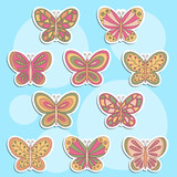 Fototapeta Dziecięca - A set of stickers with hand-drawn doodle butterflies