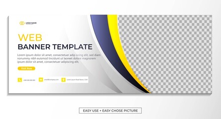 Wall Mural - Editable banner web template with blue yellow white background. Minimal, modern  vector illustration