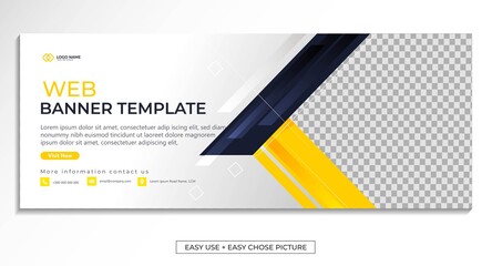 Wall Mural - Editable banner web template with blue yellow white background. Minimal, modern  vector illustration