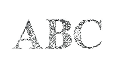 Poster - floral illustration alphabet a, b, c, vector graphic font made by flower and leaf plant creative hand drawn line art for abstract and natural nature style looks in unique monochrome design decoration