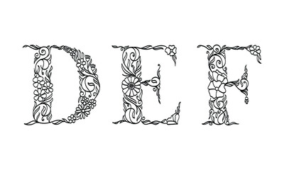 Poster - floral illustration alphabet d, e, f, vector graphic font made by flower and leaf plant creative hand drawn line art for abstract and natural nature style looks in unique monochrome design decoration