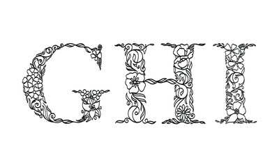 Poster - floral illustration alphabet g, h, i, vector graphic font made by flower and leaf plant creative hand drawn line art for abstract and natural nature style looks in unique monochrome design decoration