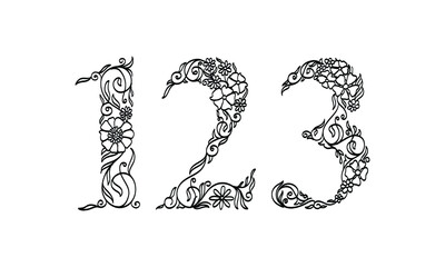 Poster - floral illustration number 1, 2, 3, vector graphic font made by flower and leaf plant creative hand drawn line art for abstract and natural nature style looks in unique monochrome design decoration