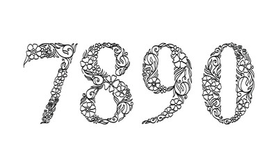 Poster - floral illustration number 7, 8, 9, 0, vector graphic font made by flower and leaf plant creative hand drawn line art for abstract and natural nature style looks in unique monochrome design decoration