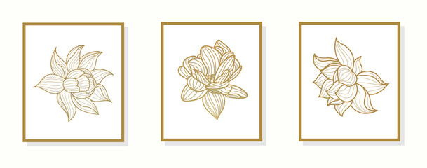 Wall Mural - Lotus line art hand draw golden lotus flower. Cover, banner, wall art, gold geometric pattern design. Vector cover design template. Isolated on white background