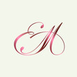 EM monogram logo.Abstract calligraphic signature icon.Intertwined letter e and letter m.Lettering sign isolated on light background.Alphabet initials.Uppercase pink wedding character shapes.