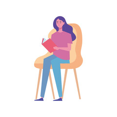 Wall Mural - female reader reading book seated in chair vector illustration design