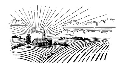 Wall Mural - village with fields and sun