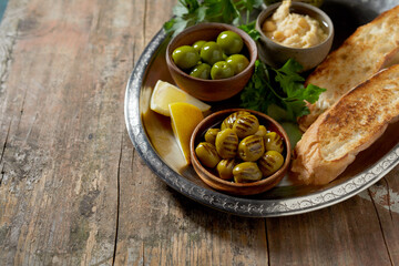 Regional Greek or Italian breakfast with toast and olives