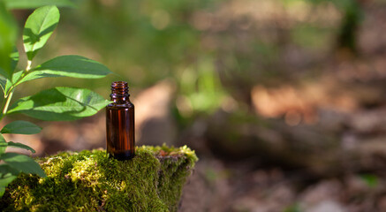 Wall Mural - A bottle for herbal extract on a nature background - mockup.